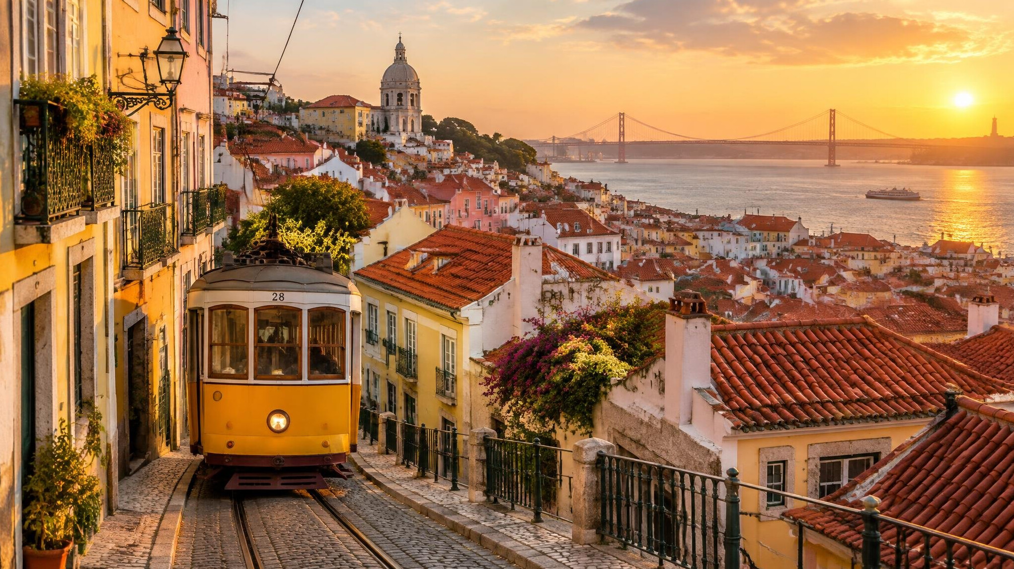 Lisbon hillside with terracotta roofs and a yellow tram