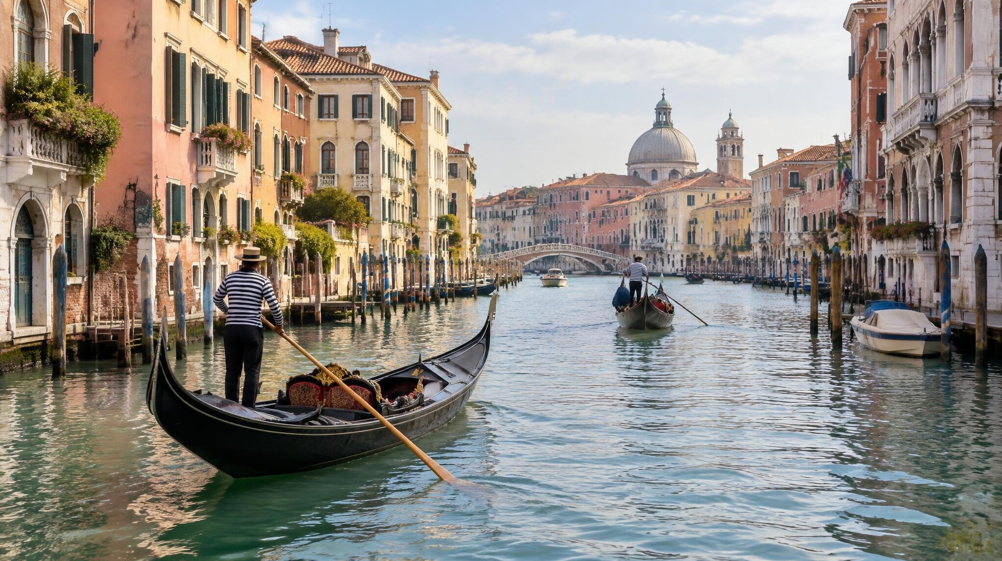 Venice canal with gondolas and historic buildings