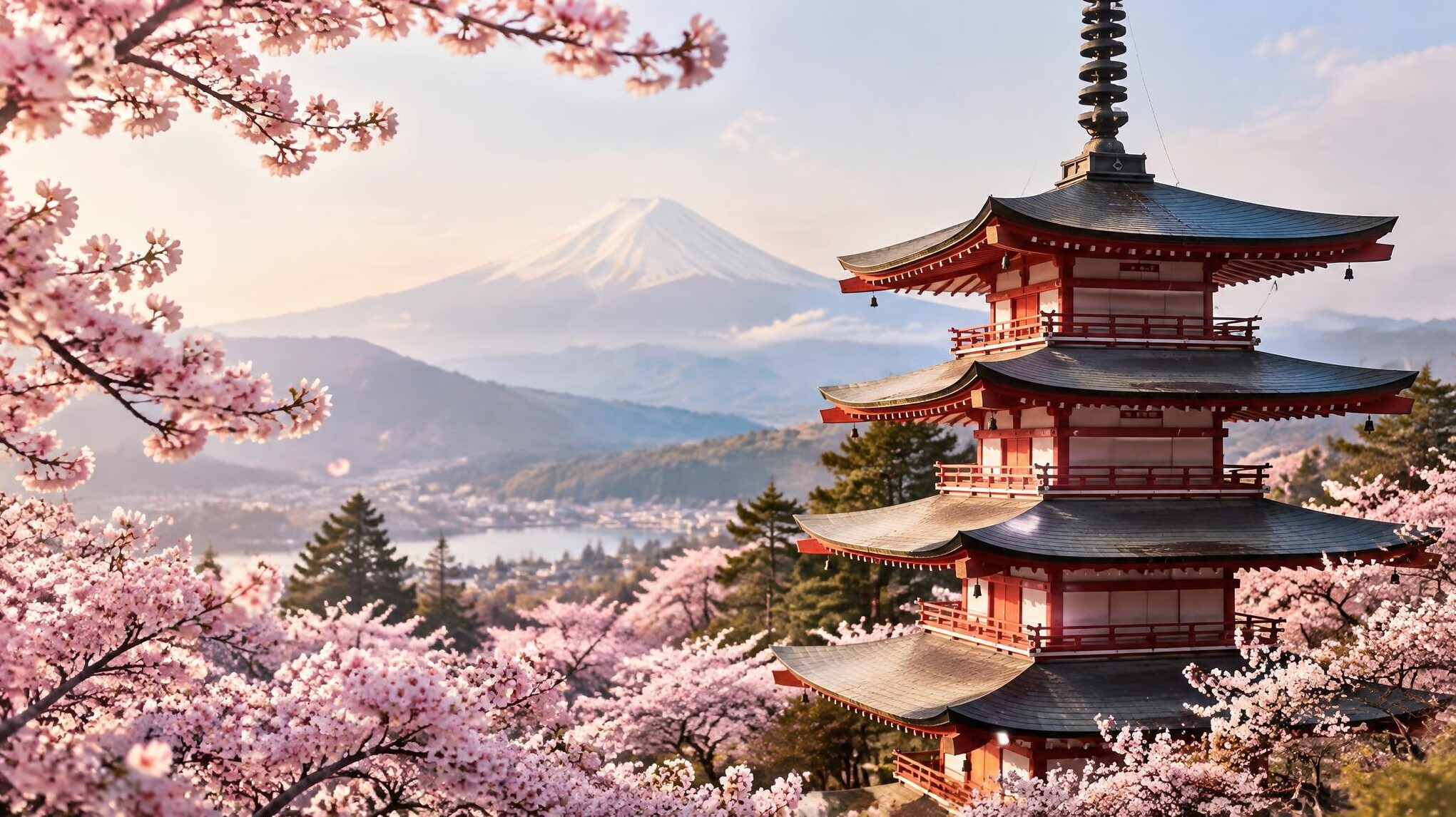 Japanese pagoda with cherry blossoms and Mount Fuji