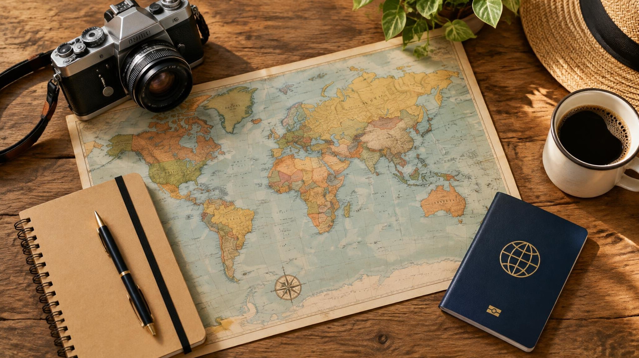 Vintage map, camera and notebook arranged on a table