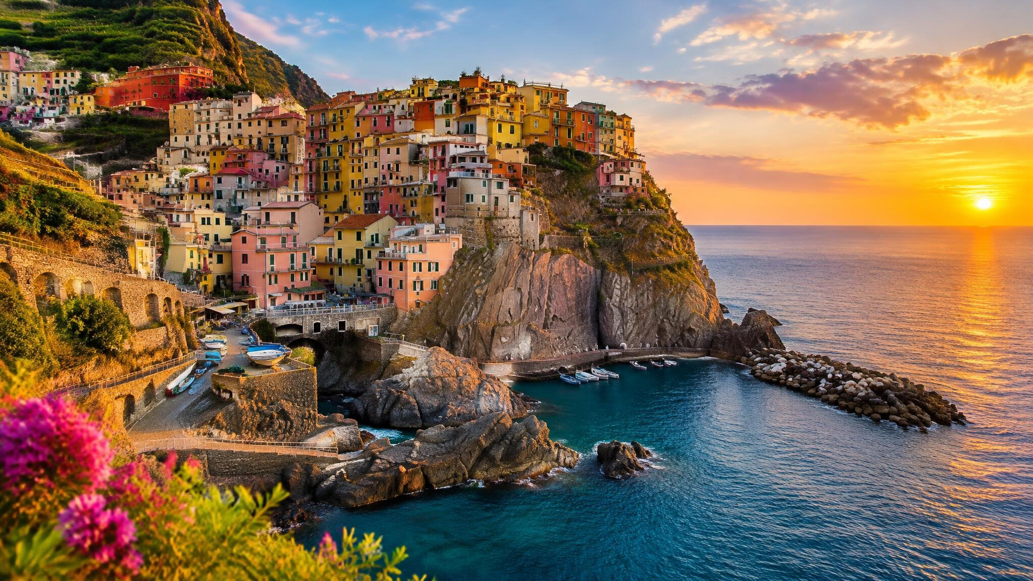 Colorful cliffside village on the Italian coast above the sea