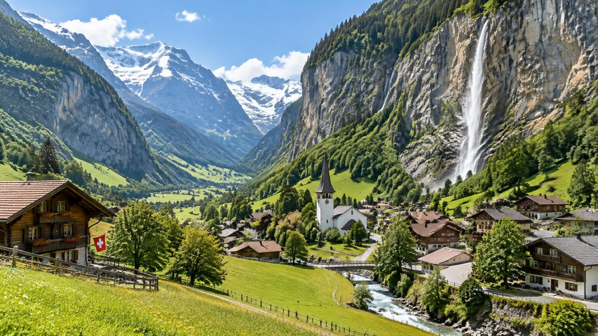 Swiss Alps village in a green valley with waterfalls