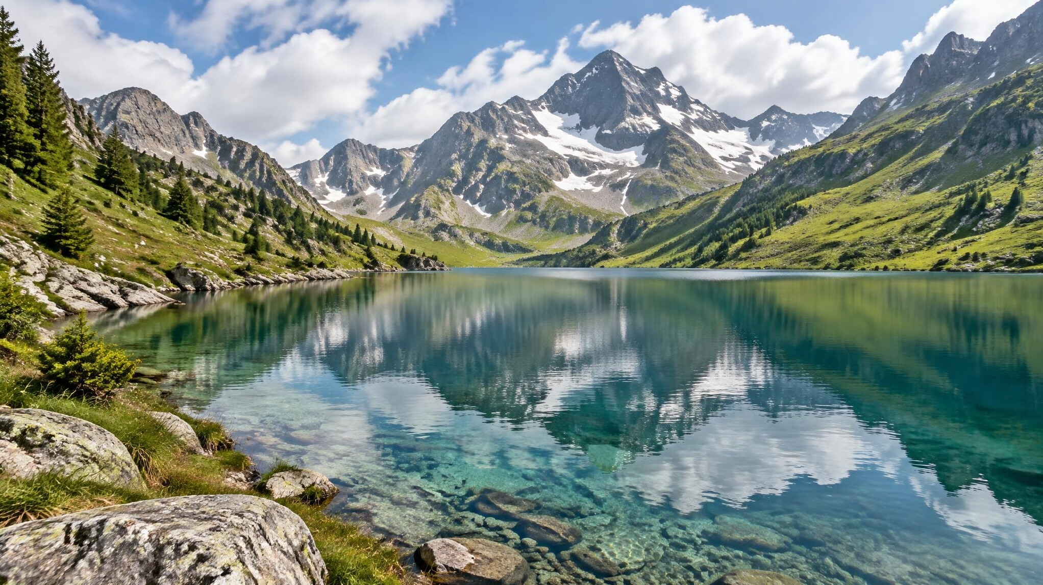 Alpine lake surrounded by mountains and green slopes