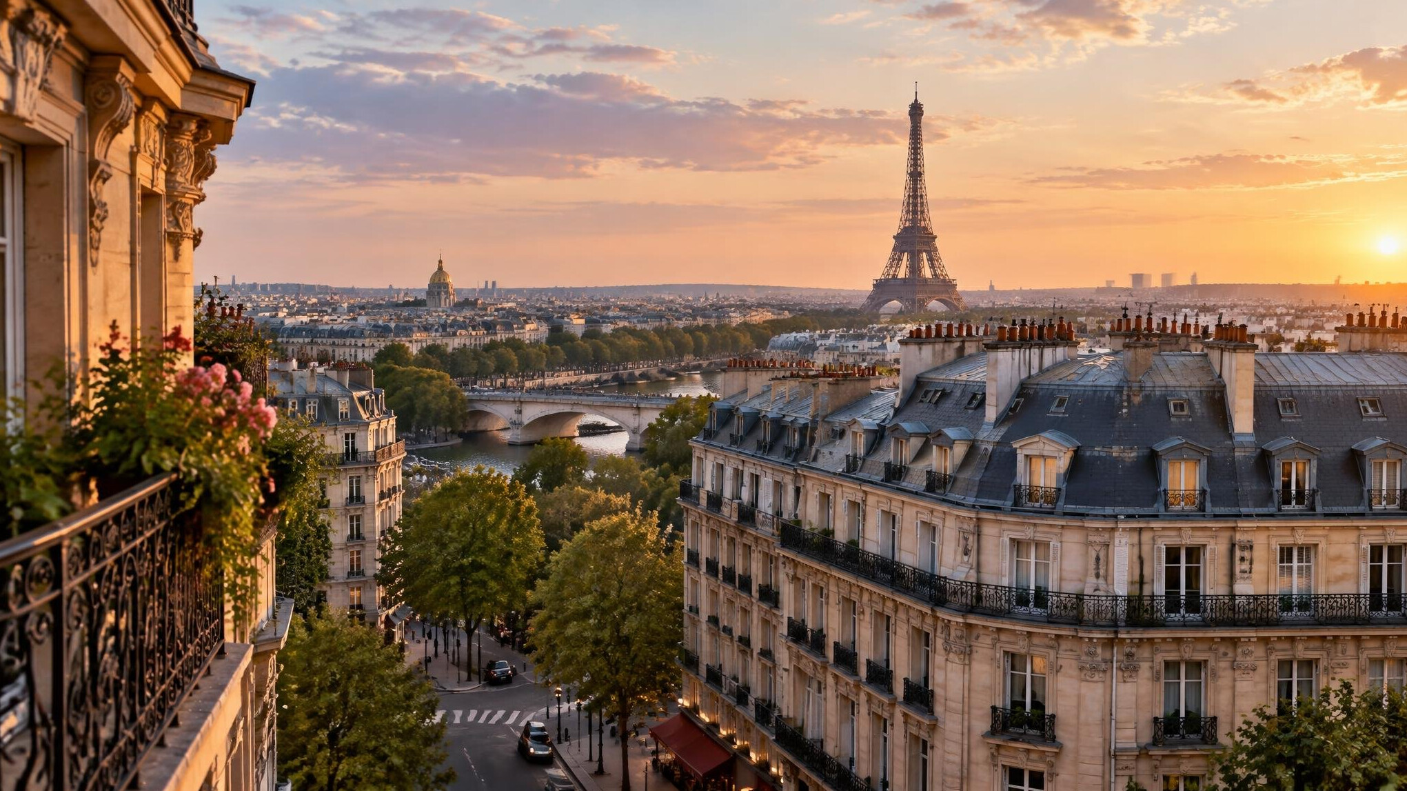 Paris street with the Eiffel Tower in the distance