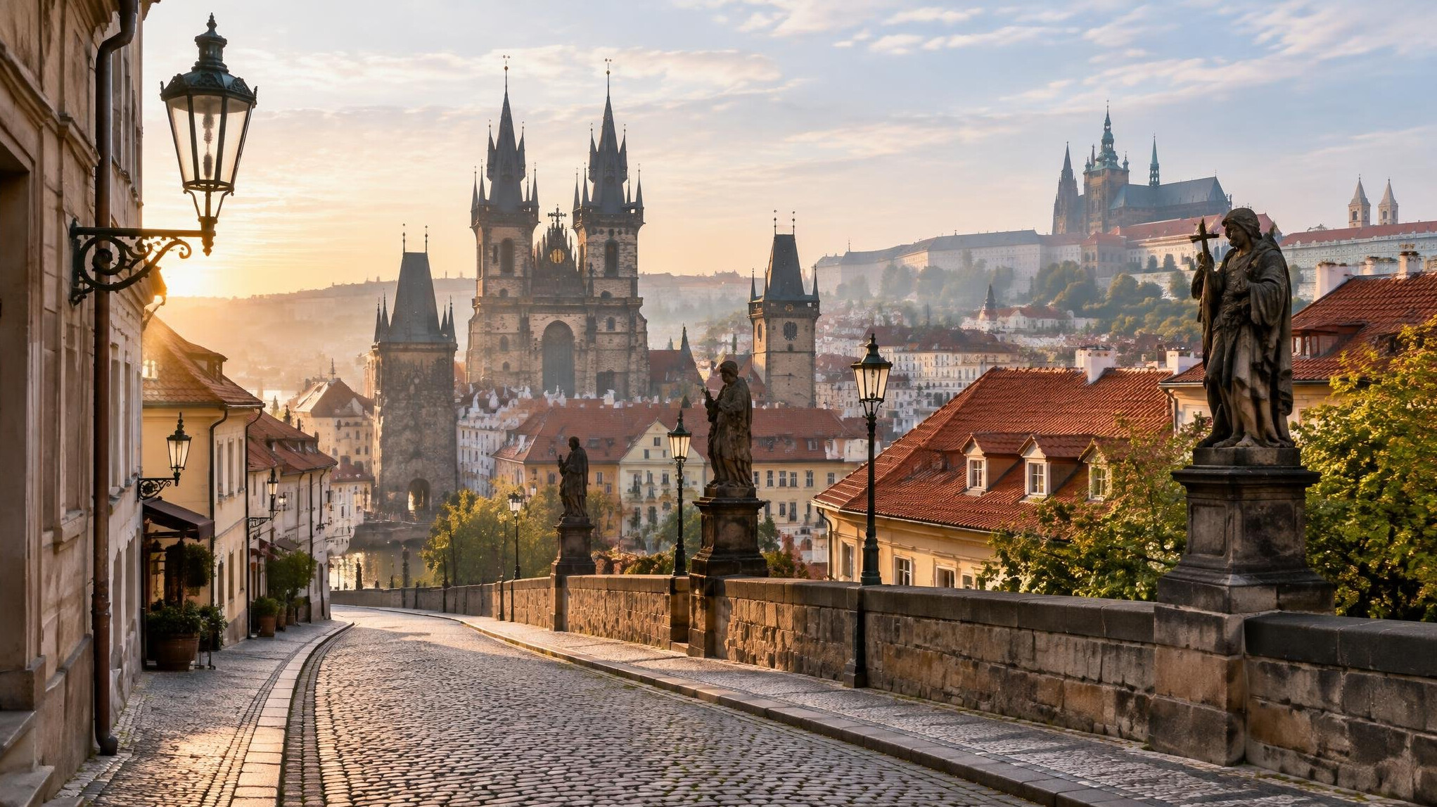 Historic European old town square with spires