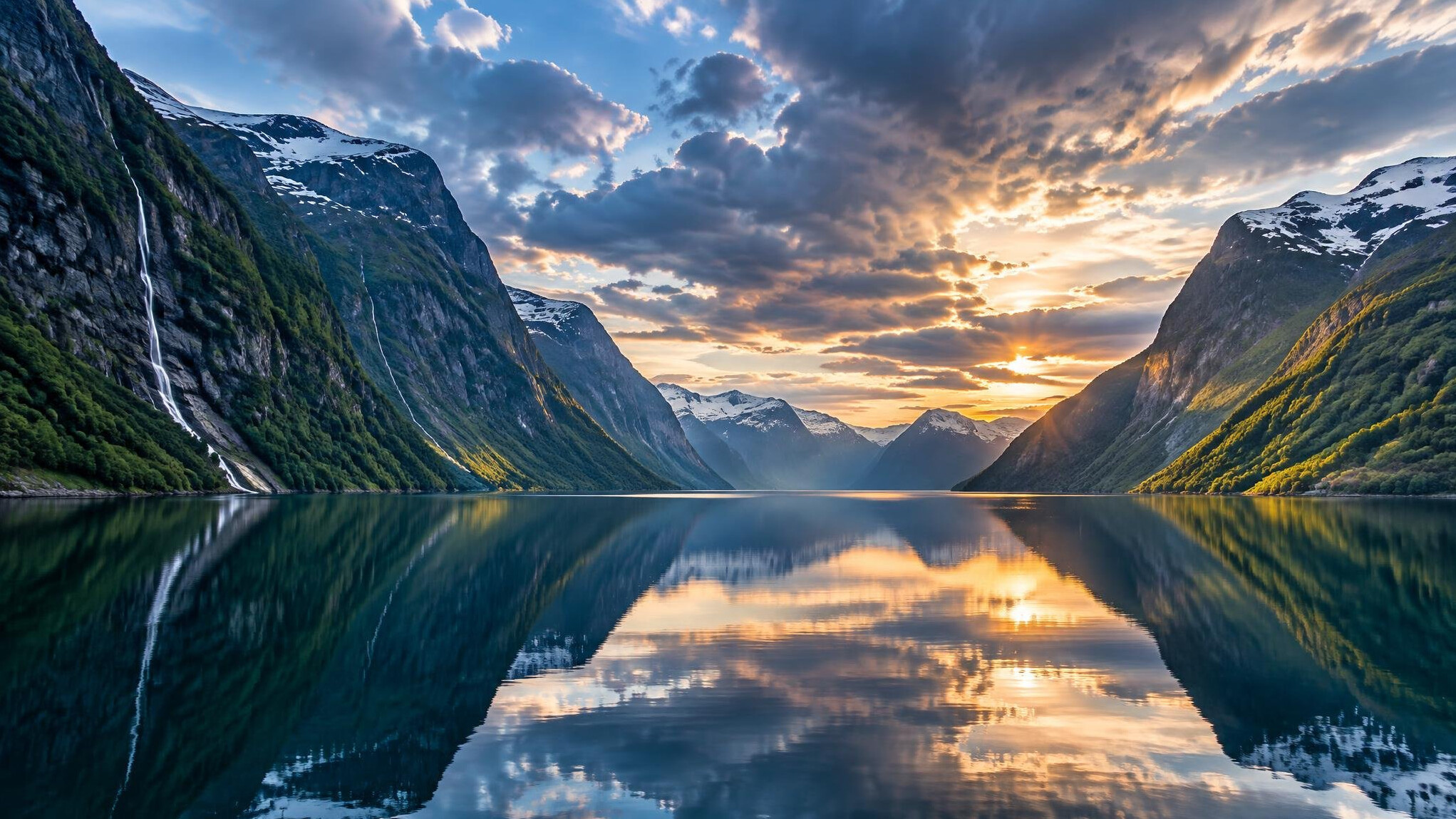 Norwegian fjord landscape with mountains and still water