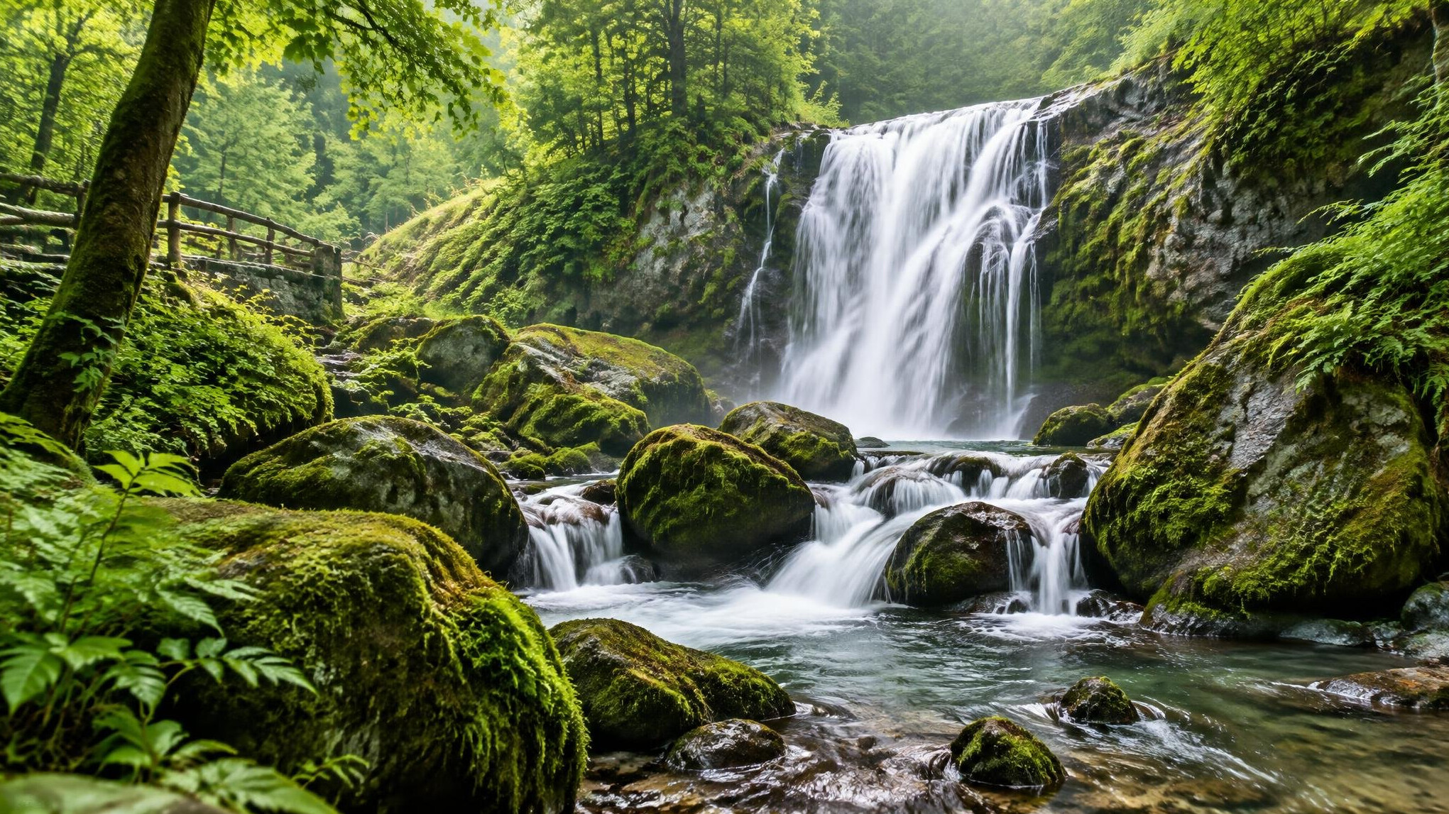 Waterfall flowing over mossy rocks in a green forest