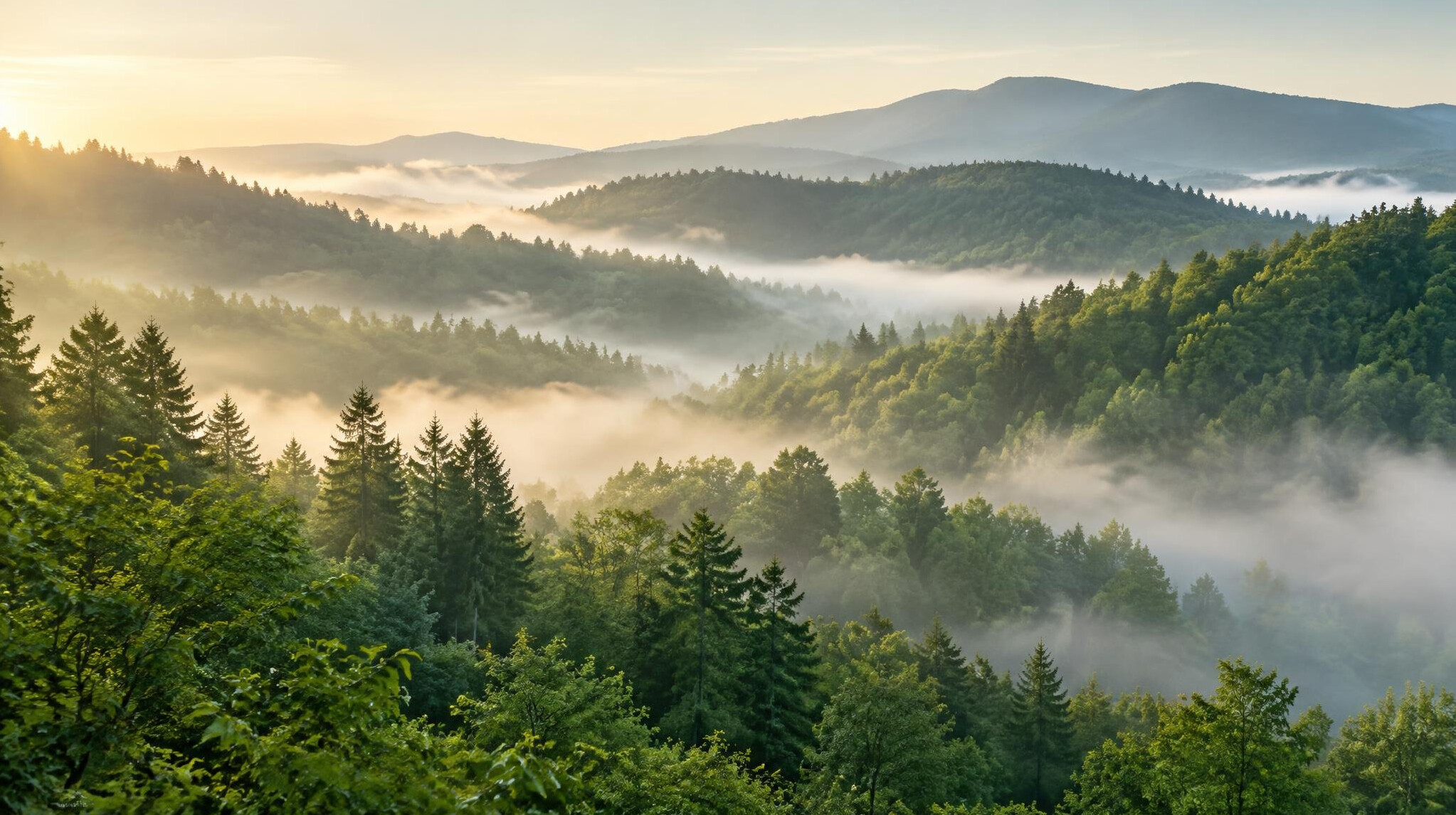Misty green forest hills in the early morning