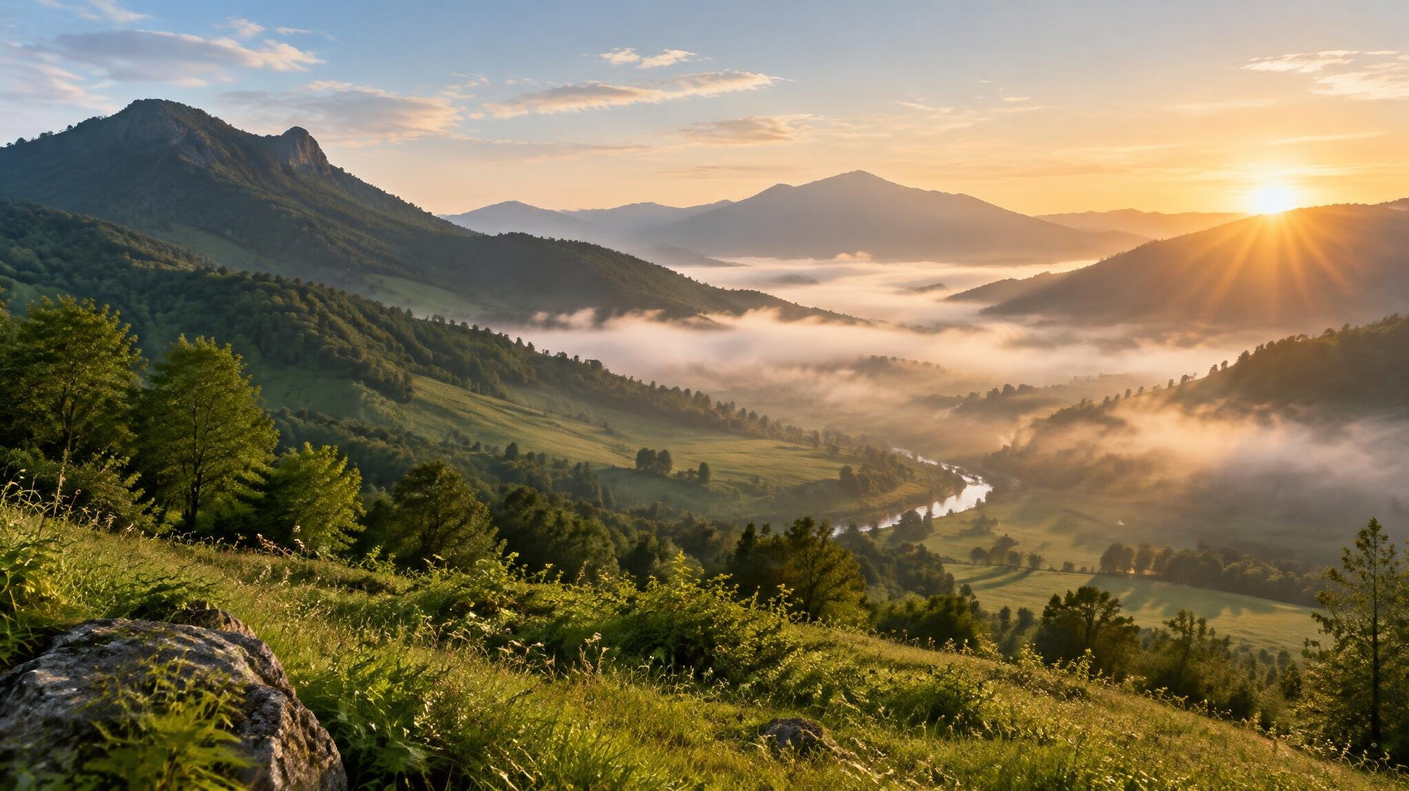 Sunrise over green mountains and valley with morning mist
