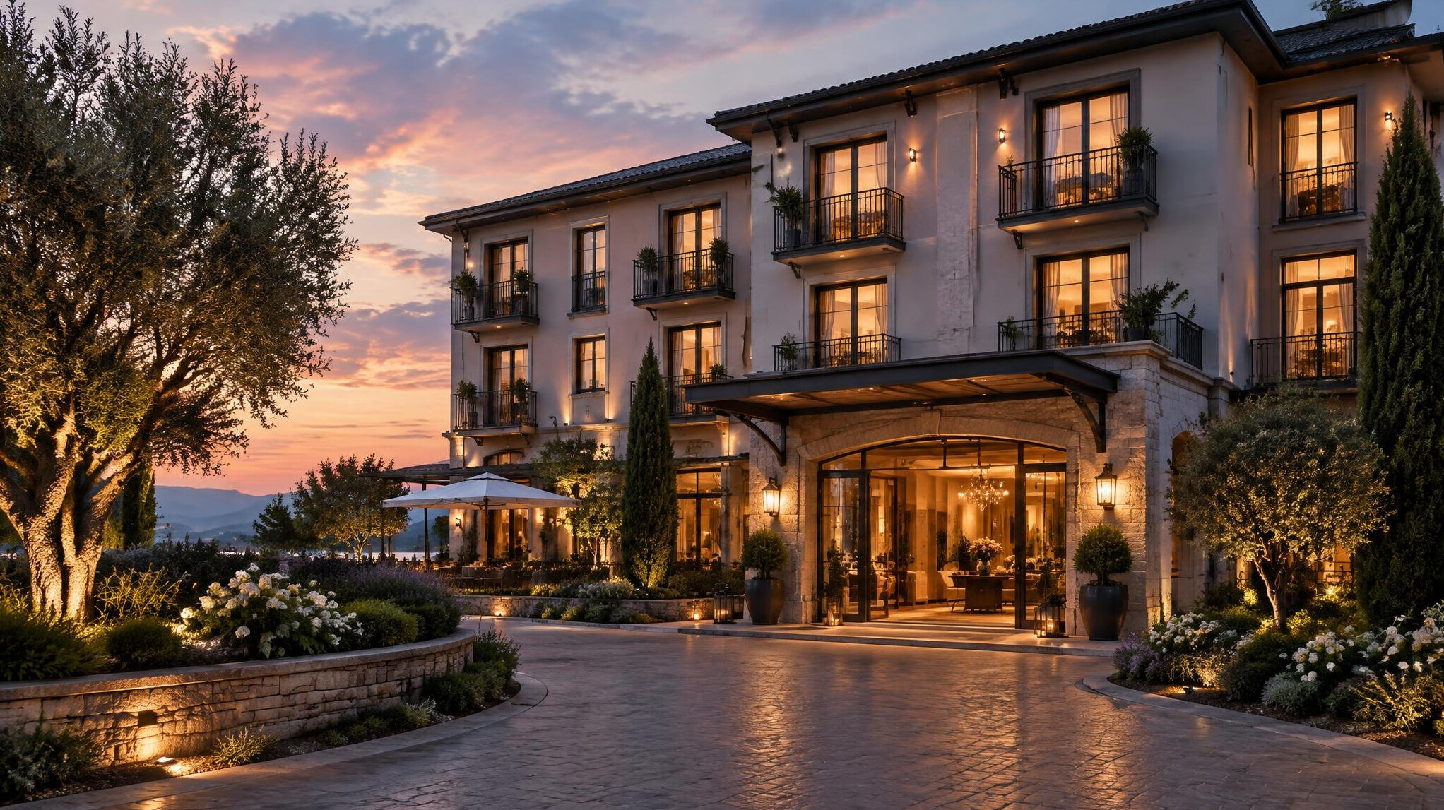 Boutique hotel exterior with warm lights at dusk